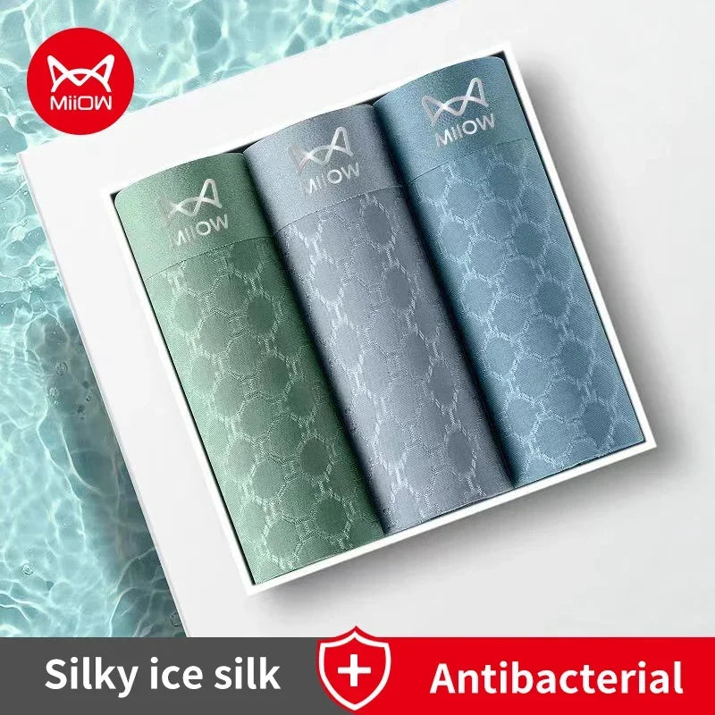 MiiOW 3Pcs Ice Silk Men Boxer Underwear Breathable Mesh Men's Panties Seamless Underpants Male 3A Antibacterial Man Boxer Briefs