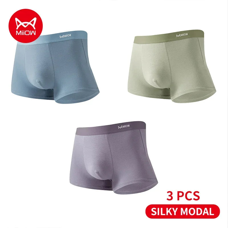 MiiOW 3Pcs Silky Modal Men Underwear Boxers Cotton Soft Touch Underpants Male Lightweight Breathable Boxers Men's Panties Trunks