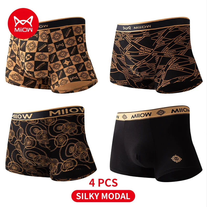 MiiOW 4Pcs Men's Modal Boxer Briefs Underpants 5A Antibacterial Breathable Man Underwear Comfortable Print Men Boxers Panties