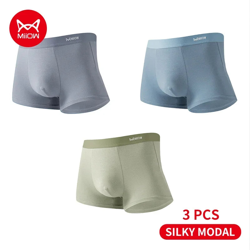 MiiOW 3Pcs Silky Modal Men Underwear Boxers Cotton Soft Touch Underpants Male Lightweight Breathable Boxers Men's Panties Trunks
