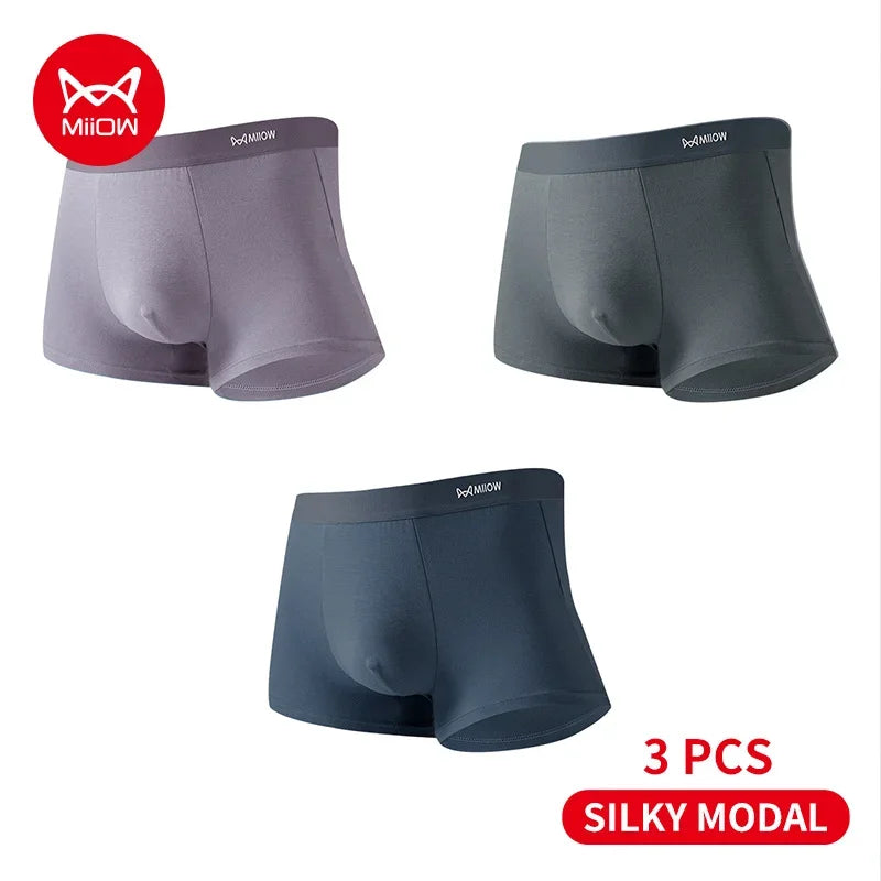 MiiOW 3Pcs Silky Modal Men Underwear Boxers Cotton Soft Touch Underpants Male Lightweight Breathable Boxers Men's Panties Trunks