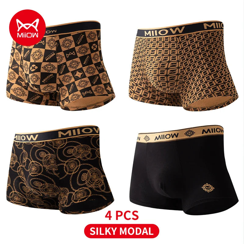 MiiOW 4Pcs Men's Modal Boxer Briefs Underpants 5A Antibacterial Breathable Man Underwear Comfortable Print Men Boxers Panties