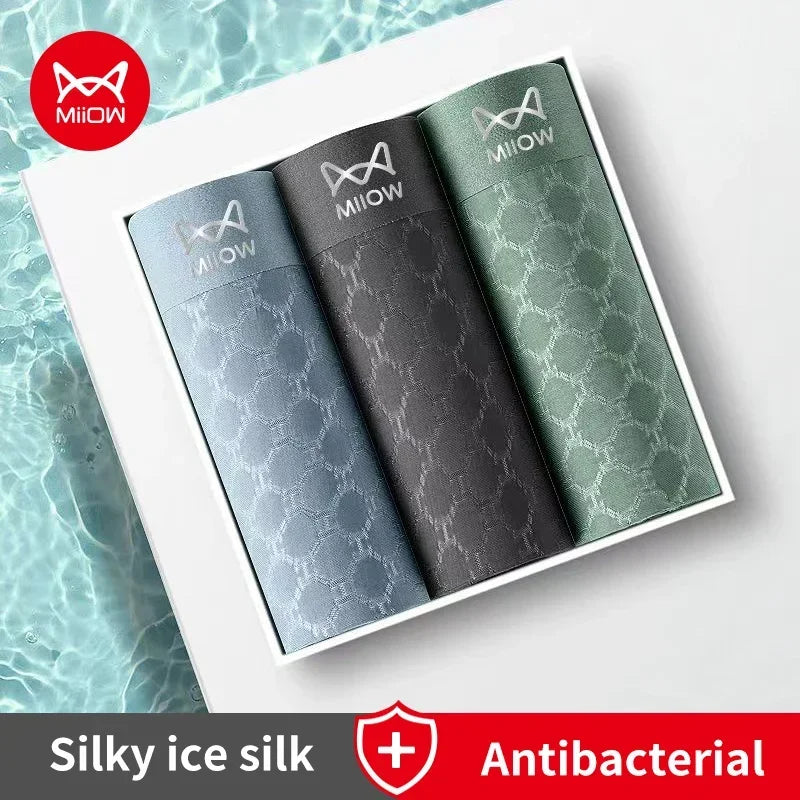 MiiOW 3Pcs Ice Silk Men Boxer Underwear Breathable Mesh Men's Panties Seamless Underpants Male 3A Antibacterial Man Boxer Briefs