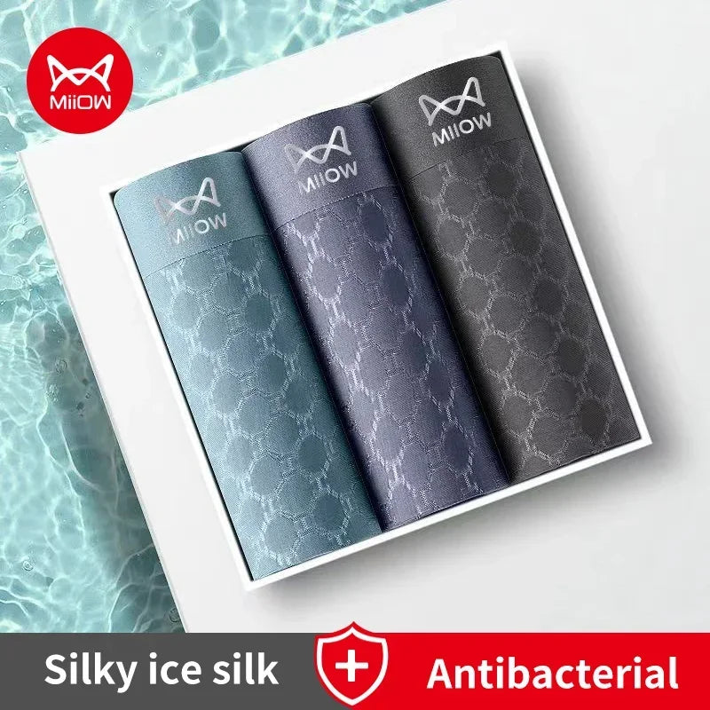 MiiOW 3Pcs Ice Silk Men Boxer Underwear Breathable Mesh Men's Panties Seamless Underpants Male 3A Antibacterial Man Boxer Briefs