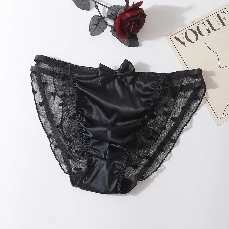 Sexy Mens Briefs Lace Bow Transparent Mesh Underwear Underpants See Through Low waisted Panties Briefs for Man